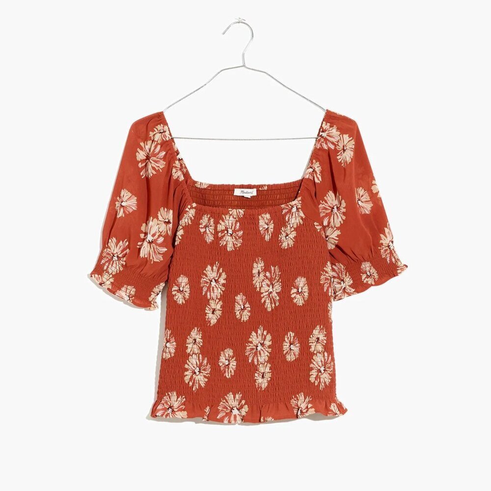 Madewell Moody Blooms Georgette Lucie Puff-Sleeve Smocked Bodice Top 2676